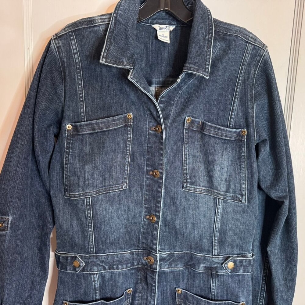 Duluth Trading Co Dark Wash Blue Denim Women's Work Long Sleeve Jumpsuit sz 10R - Picture 2 of 15